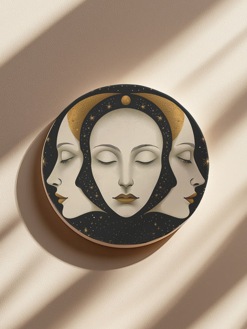 Circular ceramic coaster with a black, star-speckled background. Three white faces are depicted: a central face looking forward and two profiles on either side, all with closed eyes. A golden crescent moon arches over the central face. The coaster has a white rim indicating a cork backing and is 4.04 inches in diameter.